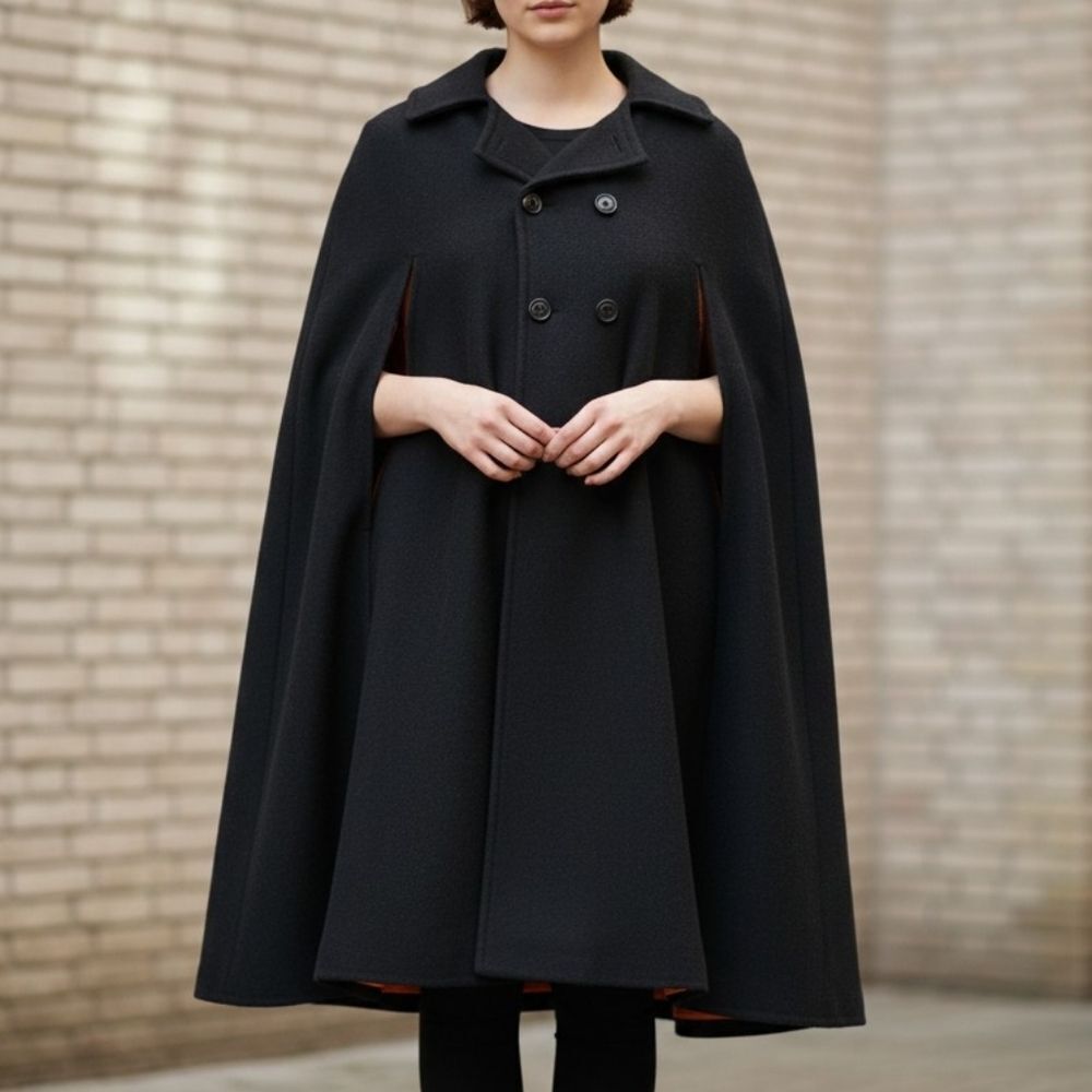 Vintage Double-Breasted Wool Cape With Lapel Collar & Contrast Lining